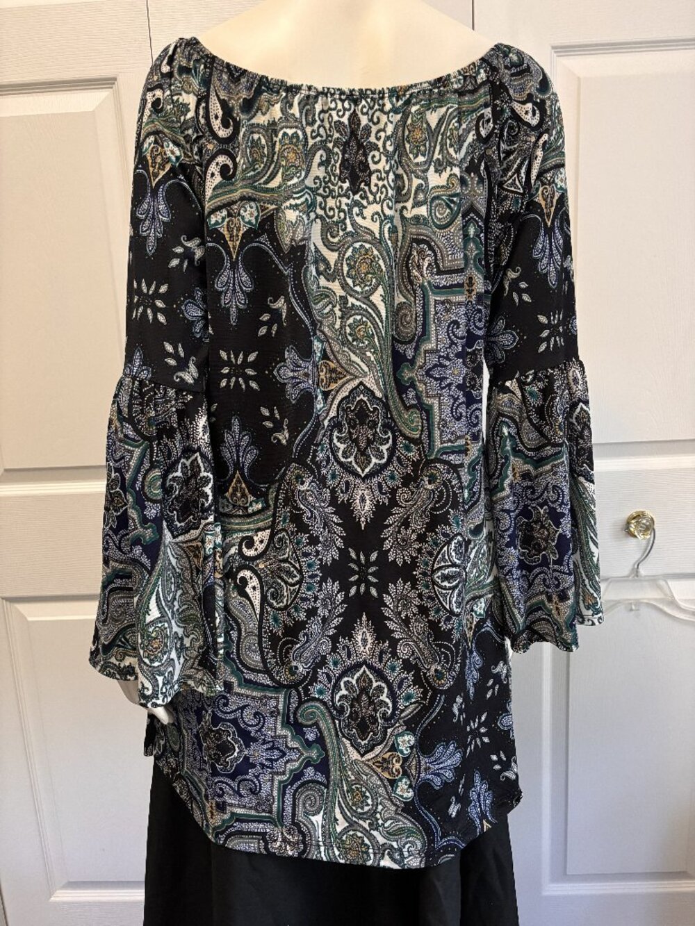 Boho Paisley Patchwork Tunic Blouse Large Off Shoulder Bell Sleeve Top